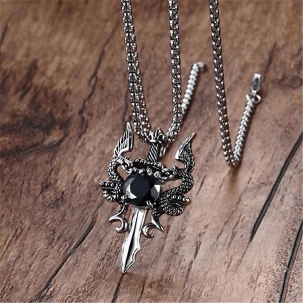STAINLESS STEEL BLACK DIAMOND TWIN DRAGON CROSS SWORD NECKLACE